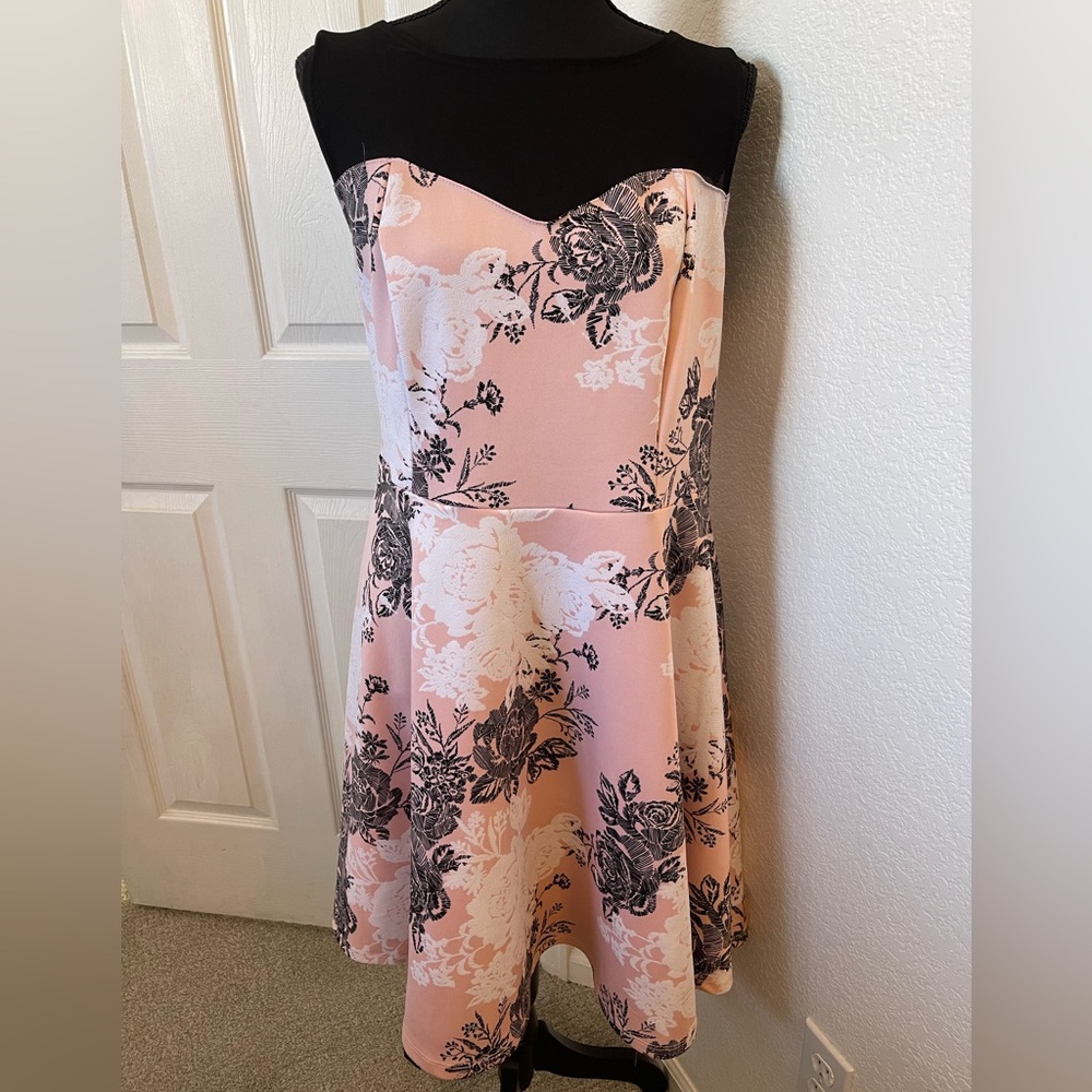 Trixxi Pink Floral Fit & Flare Dress Black Mesh Yoke Plus Size 1X